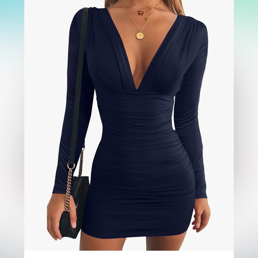 Long Sleeve V Neck Bodycon Cocktail Dress